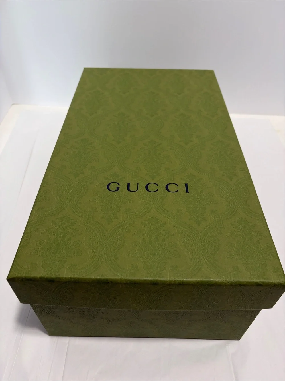 Gucci Olive Green Embossed Logo Box shoe box 15 x 8 1/4 x 5 with ribbon